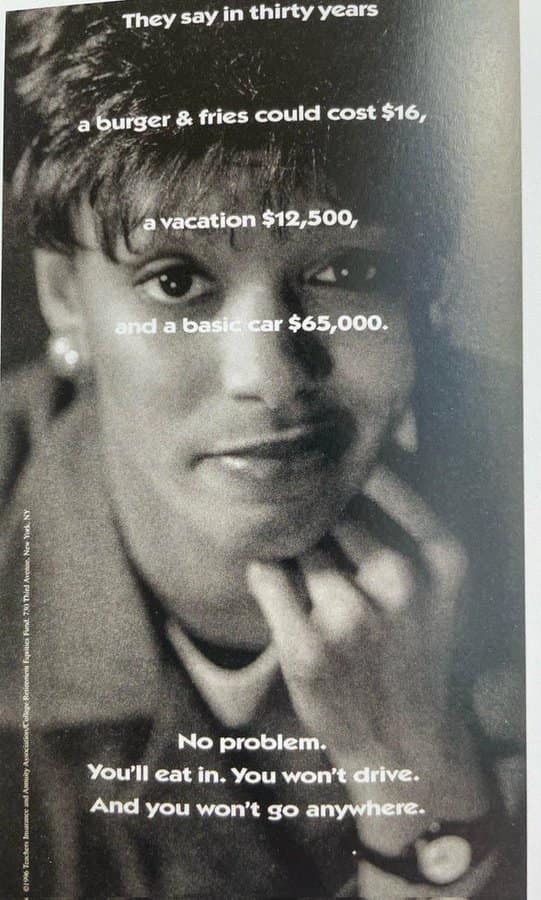 An old financial ad predicting a burger could cost $16 and a car $65,000 in the future.