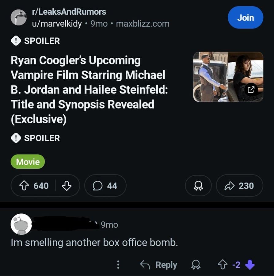 A Reddit comment predicting that an upcoming Ryan Coogler vampire film would be a "box office bomb."
