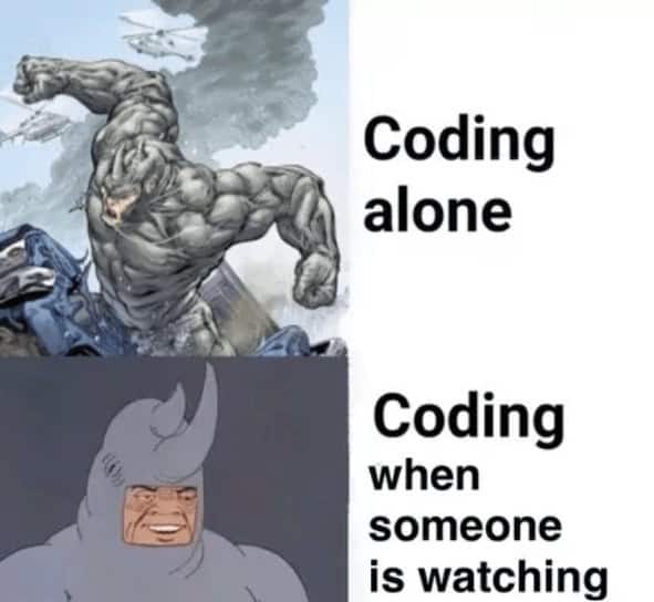 Programmer memes split screen: confident superhero coding alone vs goofy version when someone is watching