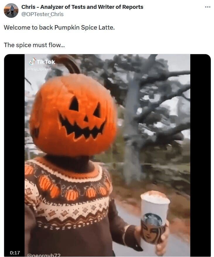 Tweet shows a person wearing a pumpkin head, fall sweater, and holding a Starbucks latte with the caption “The spice must flow.”
