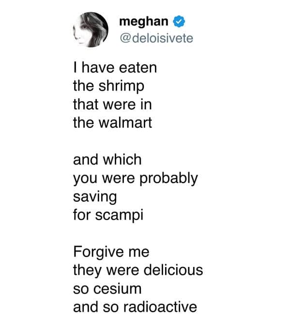 Parody poem styled like “This Is Just To Say” confesses to eating Walmart shrimp—“so cesium and so radioactive”—joining radioactive shrimp memes.