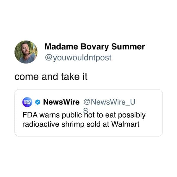 Surreal image implies you’ll luminesce post-shrimp; classic visual exaggeration tied to the recall joke.