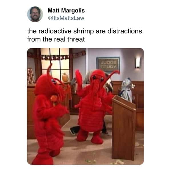 People in goofy crustacean costumes in a TV courtroom used to say the shrimp story is a distraction—absurdist radioactive shrimp memes energy.