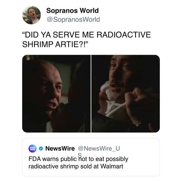 Intense restaurant confrontation from a crime show captioned about being served hot nuked prawns—dramatic spin on radioactive shrimp memes.
