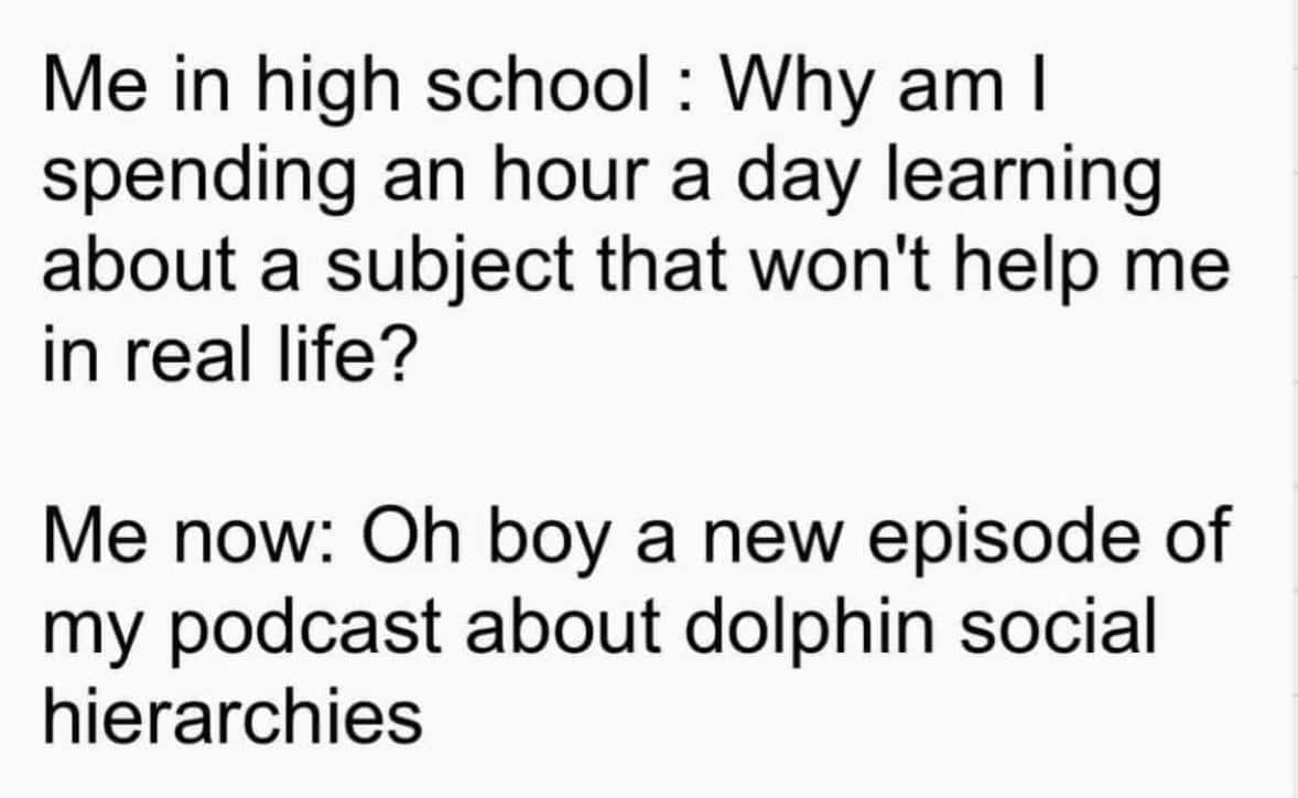 Meme contrasts teenage skepticism about school subjects with adult enthusiasm for obscure podcasts