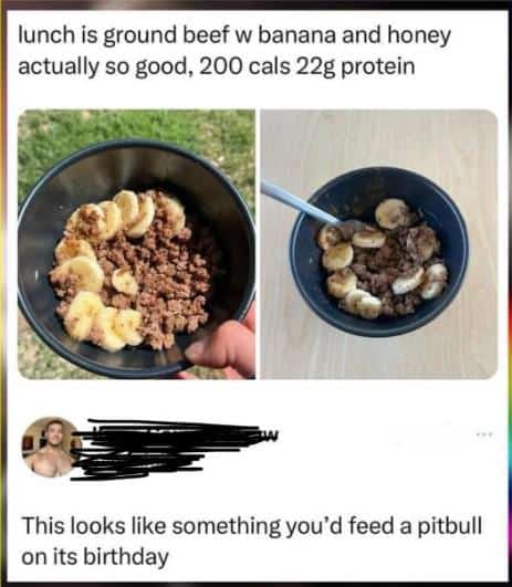 A bowl of ground beef and bananas with a caption likening it to pitbull birthday food.