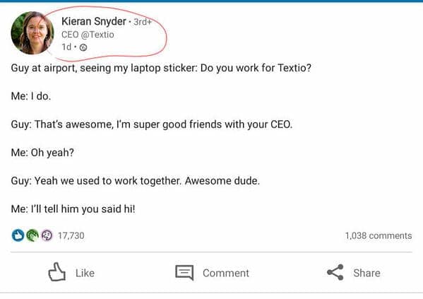 A screenshot of a LinkedIn post by Kieran Snyder, CEO of Textio, with a red circle.
