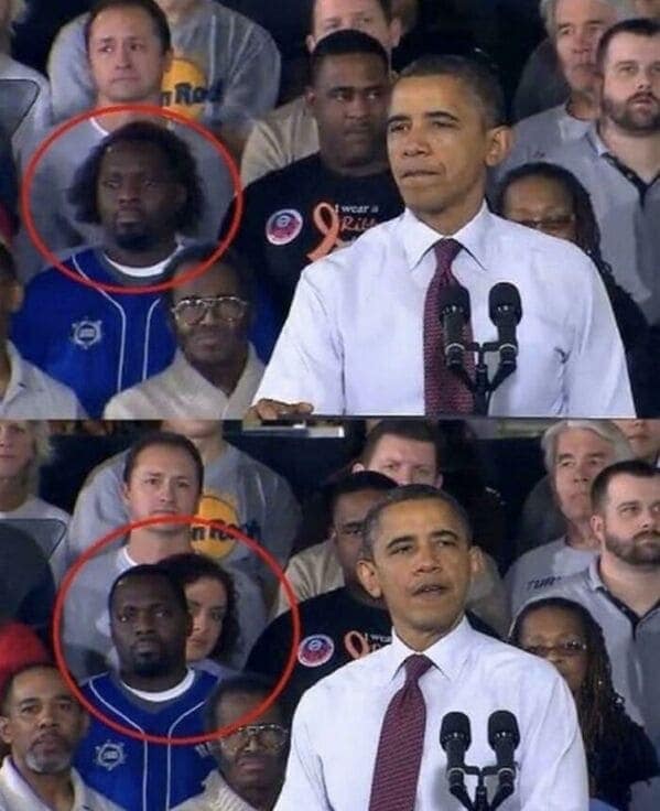 Red circles show the same man in two different images standing near Barack Obama.