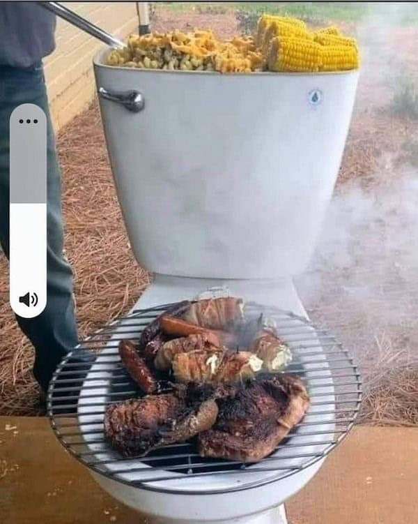 A wild example of redneck engineering where a toilet is bizarrely converted into a barbecue grill.