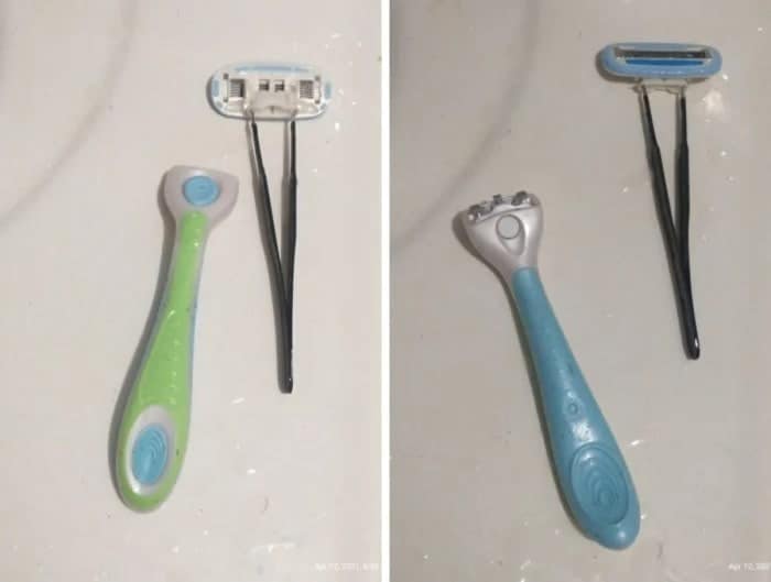 Razor heads taped to black plastic tweezers as handles, embodying low-budget redneck ingenuity.