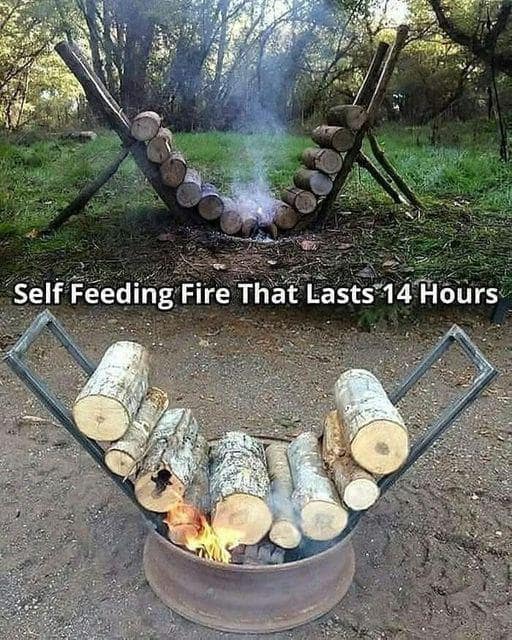 Self-feeding log fire setup in the forest, a perfect example of redneck ingenuity for camping.
