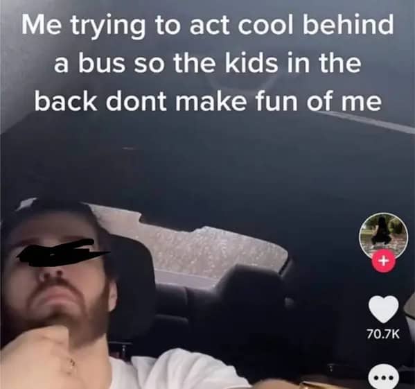 Selfie of driver trying to look cool in the car with caption about acting tough behind a school bus so the kids don’t roast you.