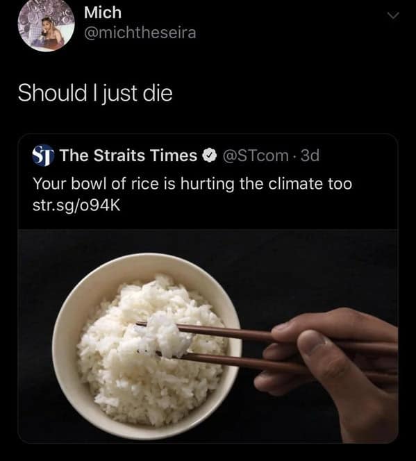 A funny tweet reacting to a news headline about rice hurting the climate with pure existential dread.