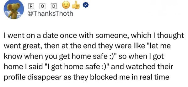 A relatable tweet about a dating fail where the person was blocked immediately after getting home safely.