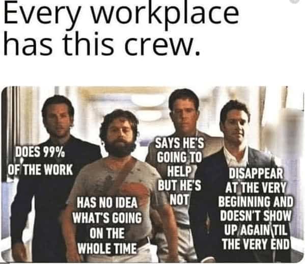 A Hangover meme about the four types of coworkers you find in every workplace.