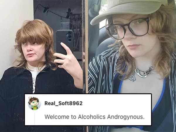 Side-by-side selfies of an androgynous person with glasses as a commenter delivers a biting roast