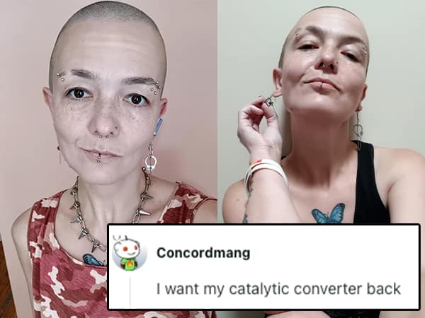 Bald woman with piercings and tattoos in two selfies, one wearing a tank top and the other in camo