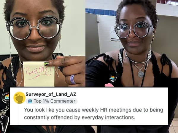 Woman with large round glasses in bathroom selfies; roast says she causes weekly HR meetings