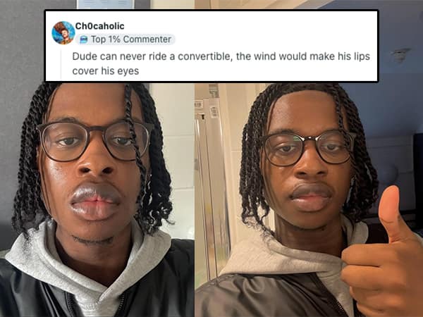 Young man with braided twists, glasses, and a serious expression in two selfies.