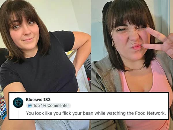 Two selfies of a woman with bangs and a playful face paired with a crude roast comment
