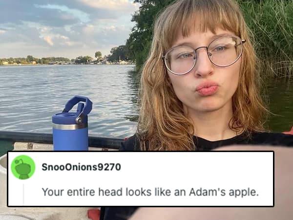 Woman with bangs and glasses making a kissy face while on a lake in a boat.