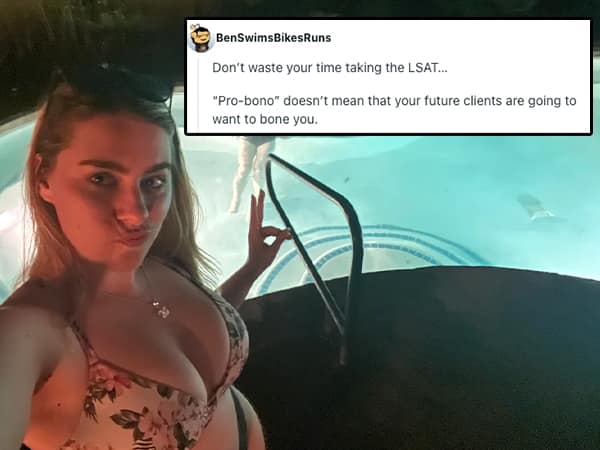 Woman in a floral bikini posing with a peace sign next to a pool at night.