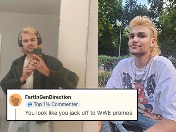 Man with bleach-blonde mullet in two poses: one mirror selfie and one sitting outdoors.