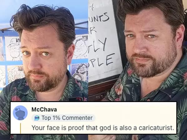 Bearded man in Hawaiian shirt selfies; roast says his face looks cartoonishly drawn