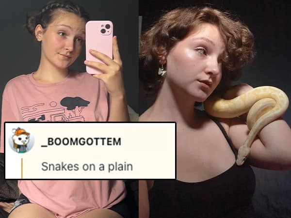 Girl takes a mirror selfie and another with a yellow snake draped over her shoulder.