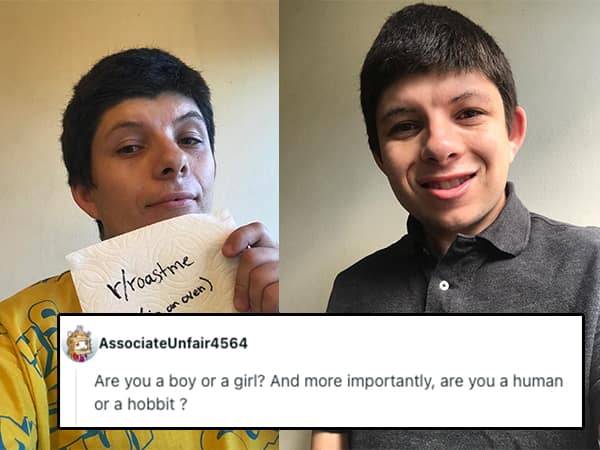 Guy posing with a "Roast Me" sign and in a second image, smiling in a polo shirt.