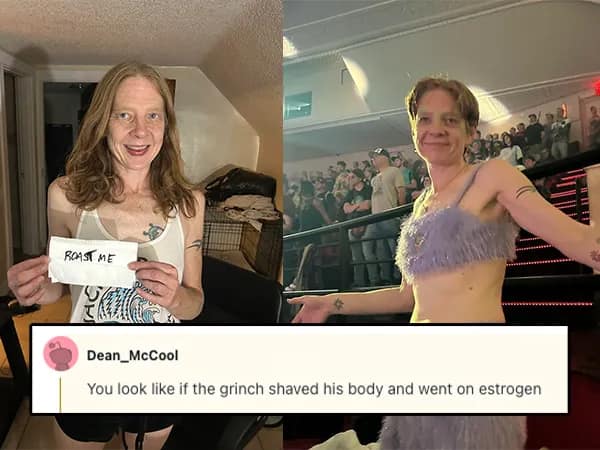 Before-and-after photos; roast compares the look to a shaved Grinch on hormones