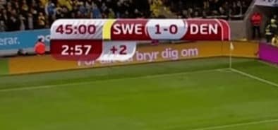 A funny score bug from a Sweden vs Denmark soccer game that looks like SWEDEN.