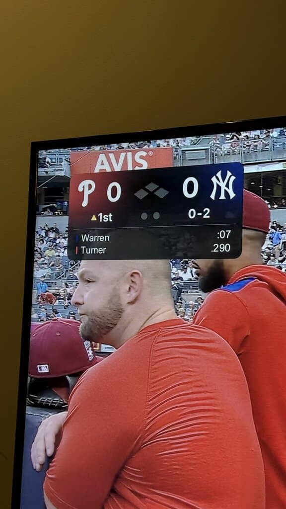 A funny score bug where the Phillies logo and the ball count accidentally spell out "POO".