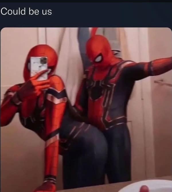 Meme of a couple in Spider-Man costumes posing in a suggestive selfie with the caption “Could be us”