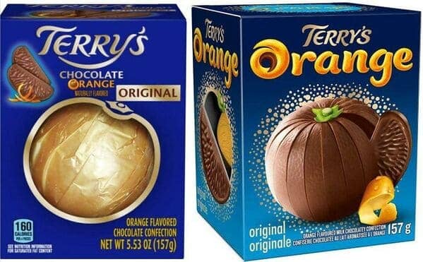 Terry's Chocolate Orange before and after, a shrinkflation example showing the new, smaller, indented version.