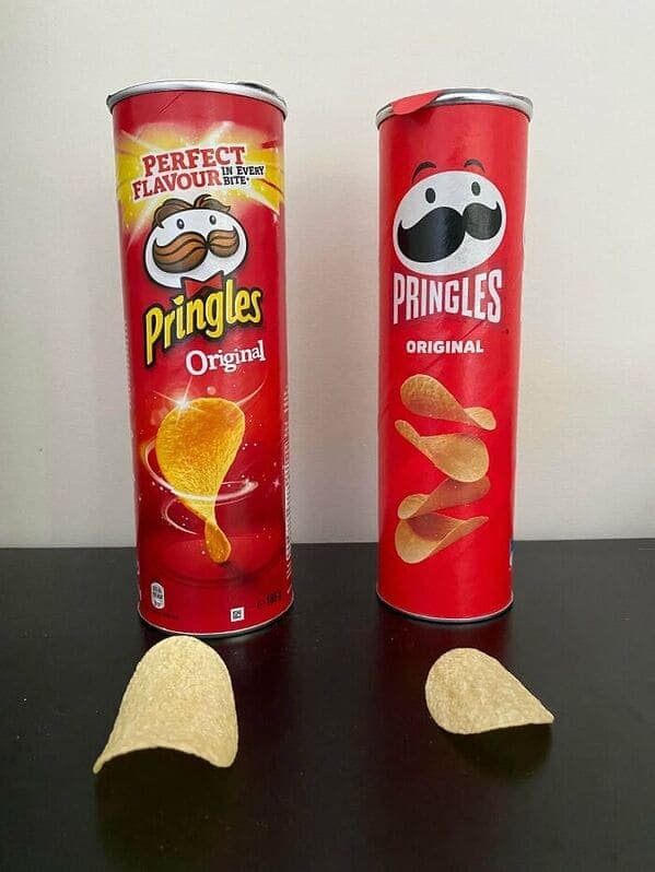 A shrinkflation example comparing old and new Pringles cans, showing a taller but narrower tube.