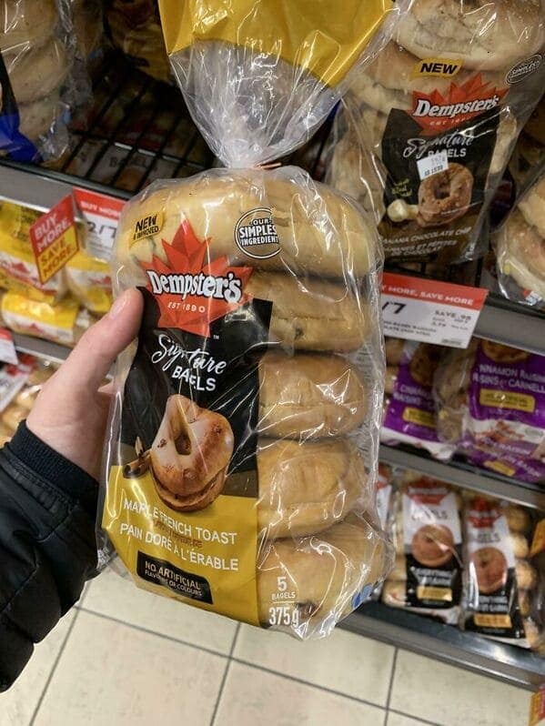 A shrinkflation example showing a Dempster's bagel pack that now only contains five bagels instead of six.