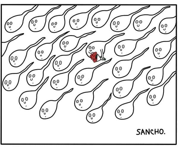 Crowd of smiling sperm with one carrying a bouquet of flowers