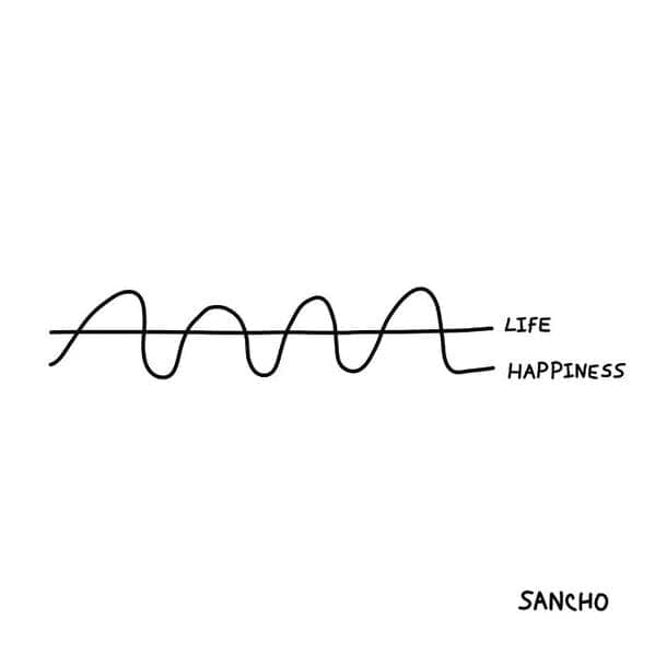 Wavy line labeled life above a straight baseline labeled happiness