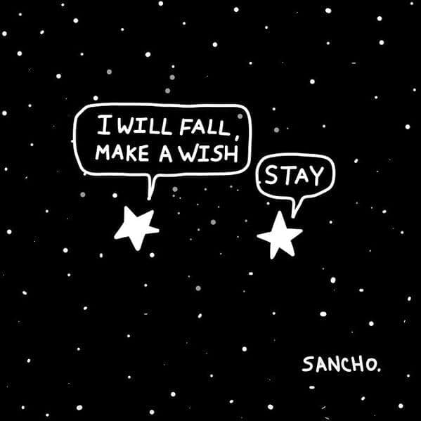 Night sky with two star speech bubbles one says I will fall make a wish the other says stay