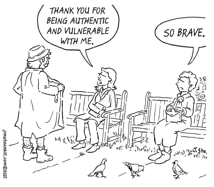 Park bench scene with a trench-coated man “being authentic and vulnerable,” as two women reply, “So brave,” with pigeons nearby.