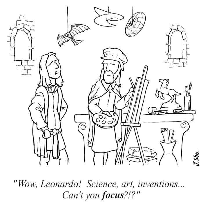 Renaissance studio with flying models as Leonardo paints; companion says, “Wow, Leonardo! Science, art, inventions… Can’t you focus?!?”