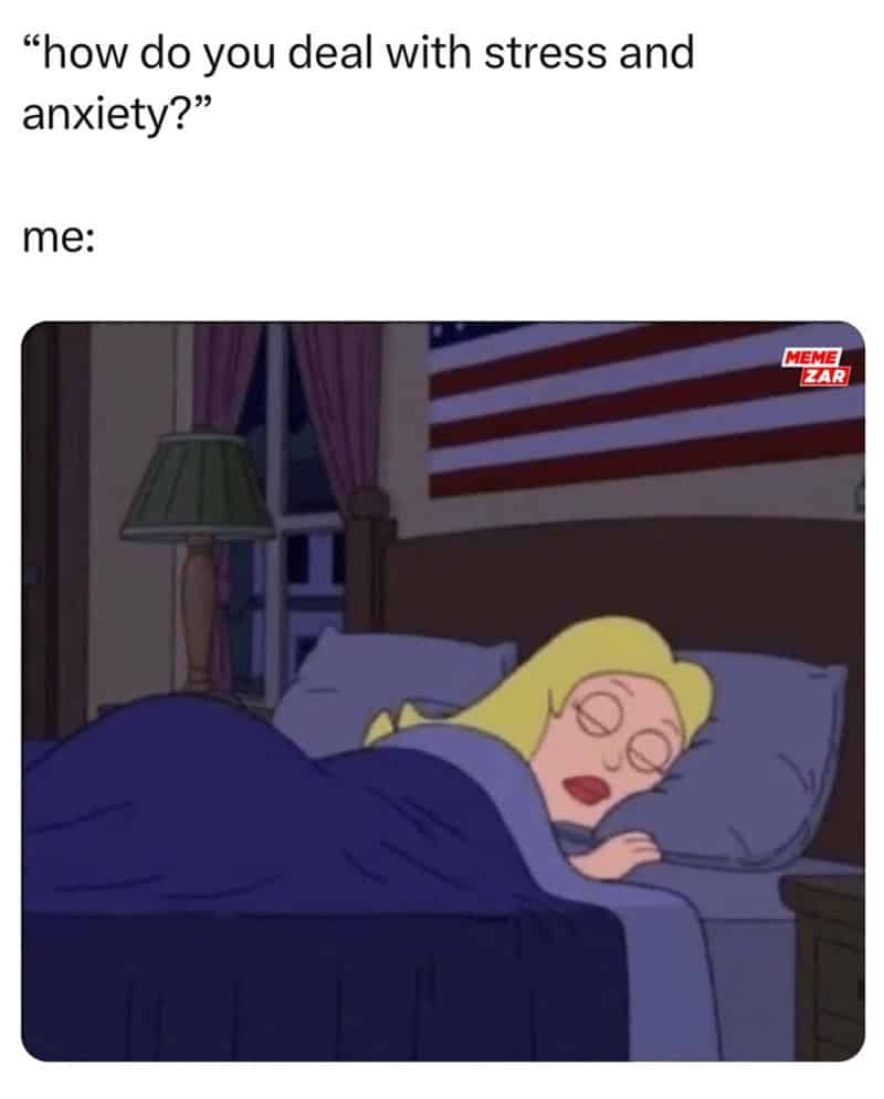 A sleepy meme showing a character sleeping peacefully as a way to deal with stress and anxiety.