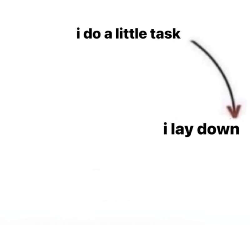 A minimalist sleepy meme showing a diagram of doing one task and then immediately needing to lie down.