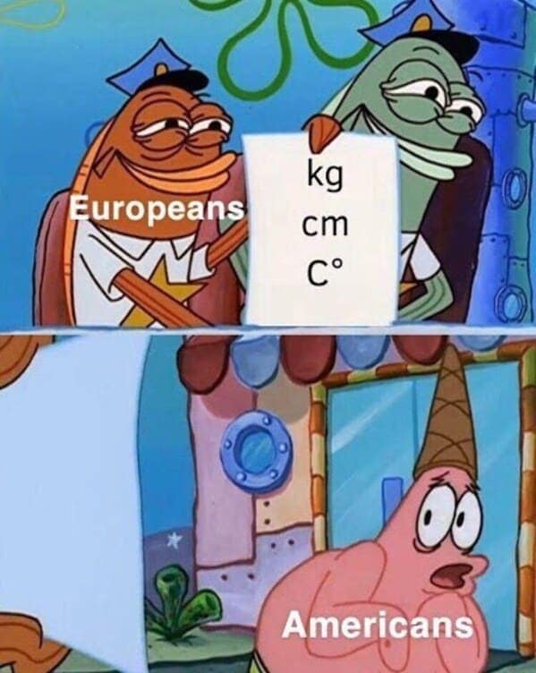Europeans holding metric system paper while confused Patrick represents Americans