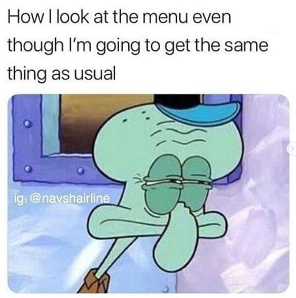 Squidward squinting at a menu despite planning to order the same thing