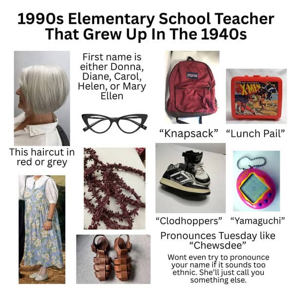 Collage of 90s elementary teacher tropes: gray bob, cat-eye glasses, lunchbox