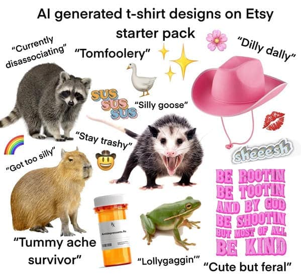 Collage of trendy Etsy tee clichés: raccoon, possum, pink cowboy hat.