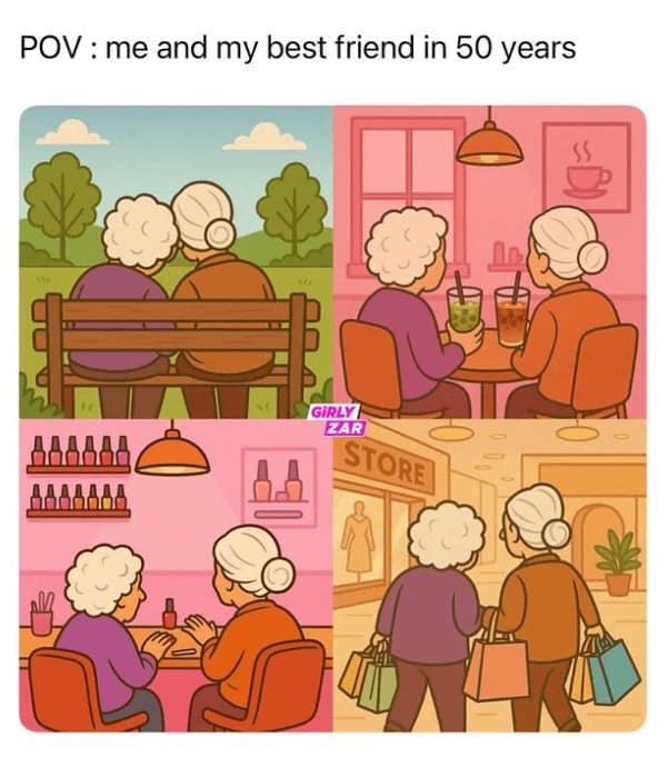 A wholesome struggle meme showing two best friends growing old together and having fun.