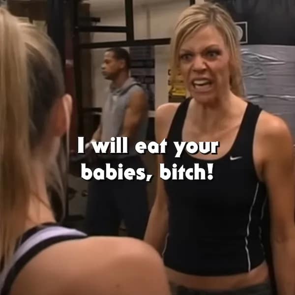 A hilarious and unhinged Sweet Dee quote where she threatens to eat another woman's babies at the gym.
